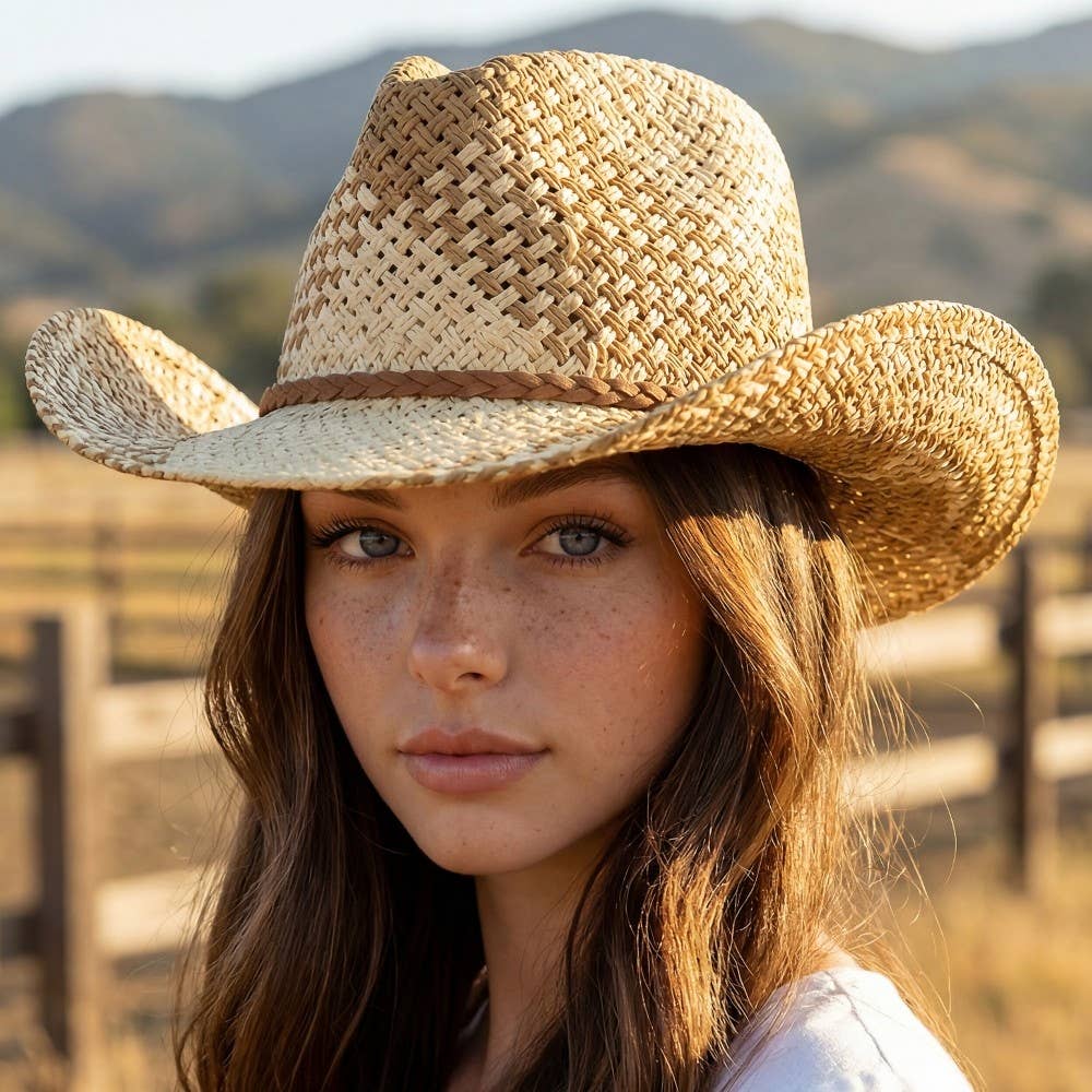 Soul Of Sita Two Tone Straw Braided Patches Cowboy Hat: Ka