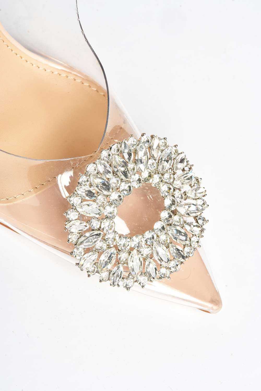 Miss Diva Lolya Diamante Brooch Detail Perspex Court Shoe Heels in Nude