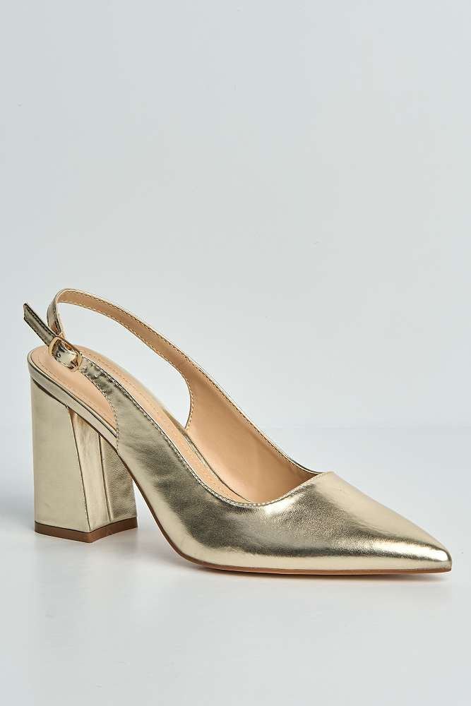 Kayra Pointed Toe Slingback Block Heel Court Shoes in Gold