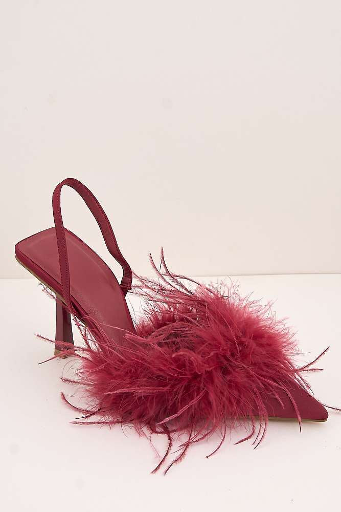 Aisla Pointed Toe Feather Slingback Court Shoes in Red