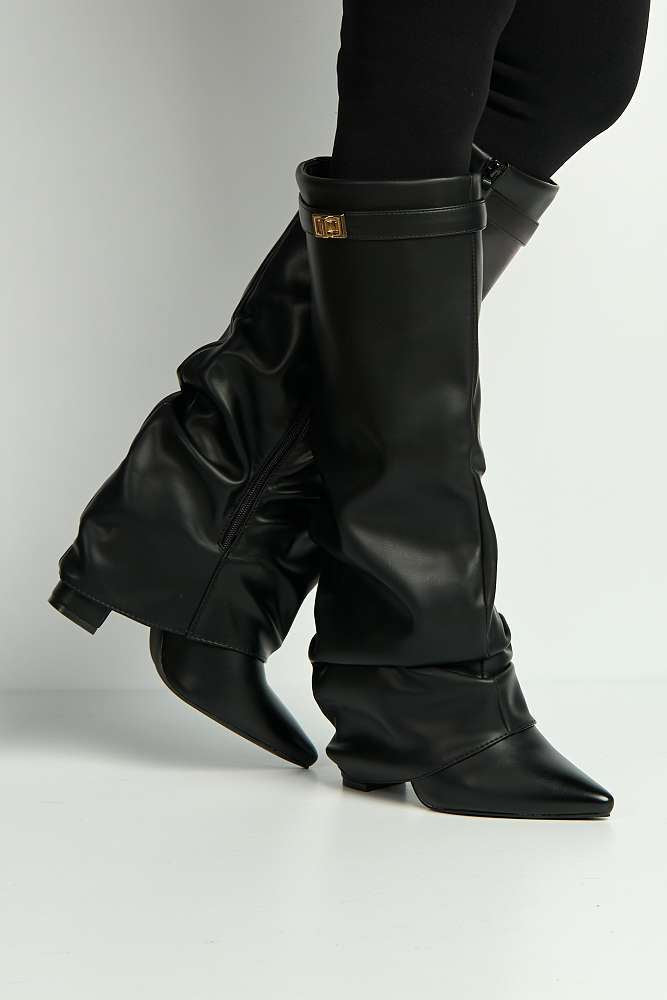 Miss Diva Black Izel Block Heel Pointy Toe Gold Trim Boots