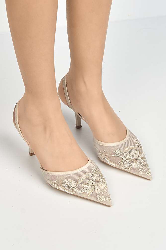 Romina Bead Embellished Mesh Slingback Court Shoes in Beige
