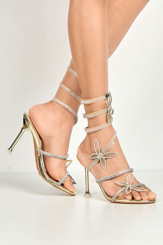 Miss Diva Gold Toki Butterfly Detail Diamante Heels