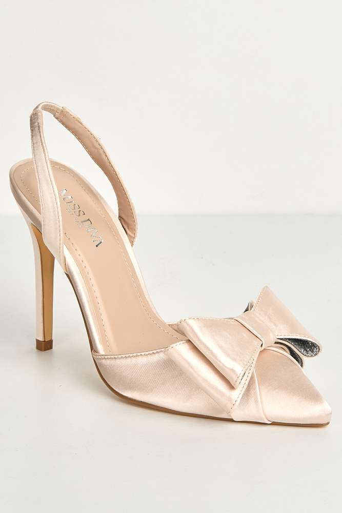 Salwa Pointy Toe Bow Slingback Court Shoes in Champange Satin