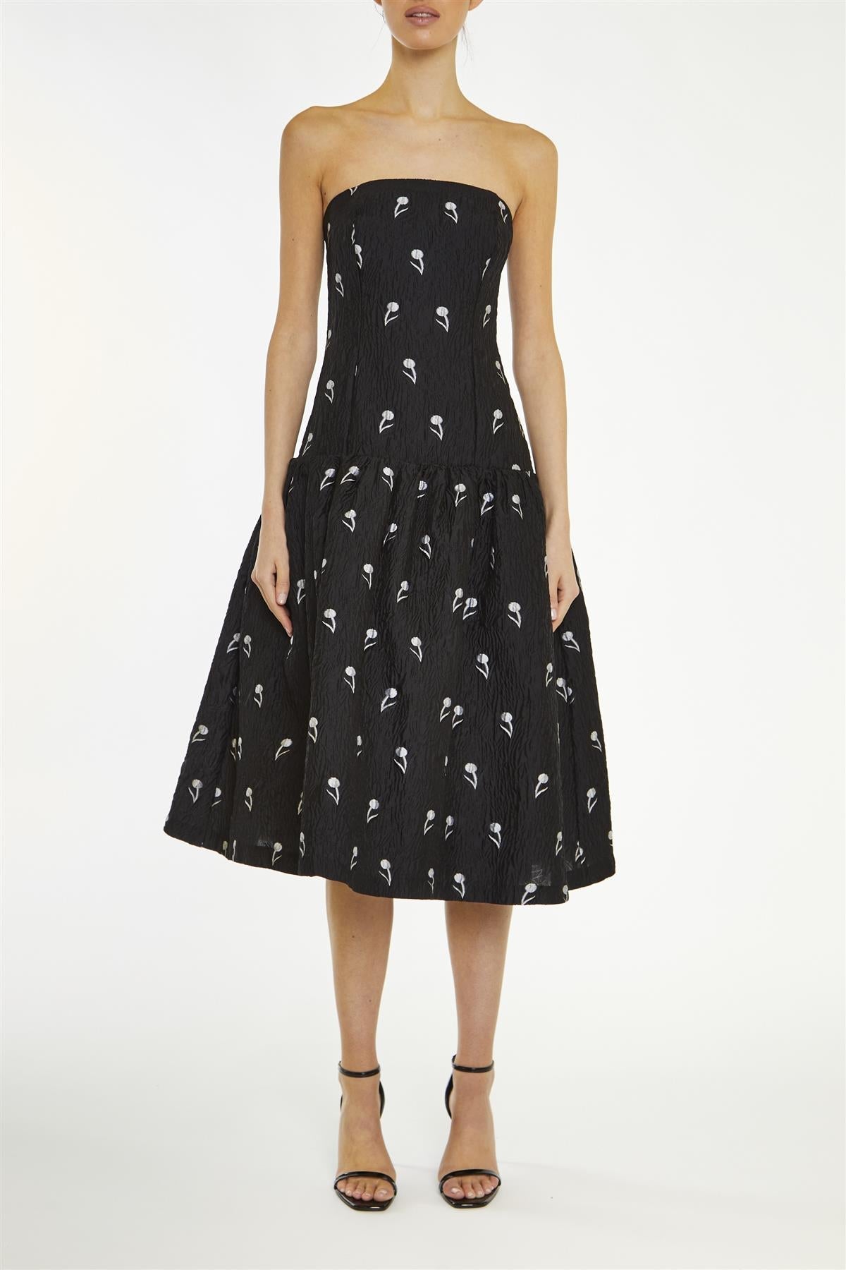 True Decadence Black-Grey Vienna Floral-Brocade Dropped-Waist Midi-Dress
