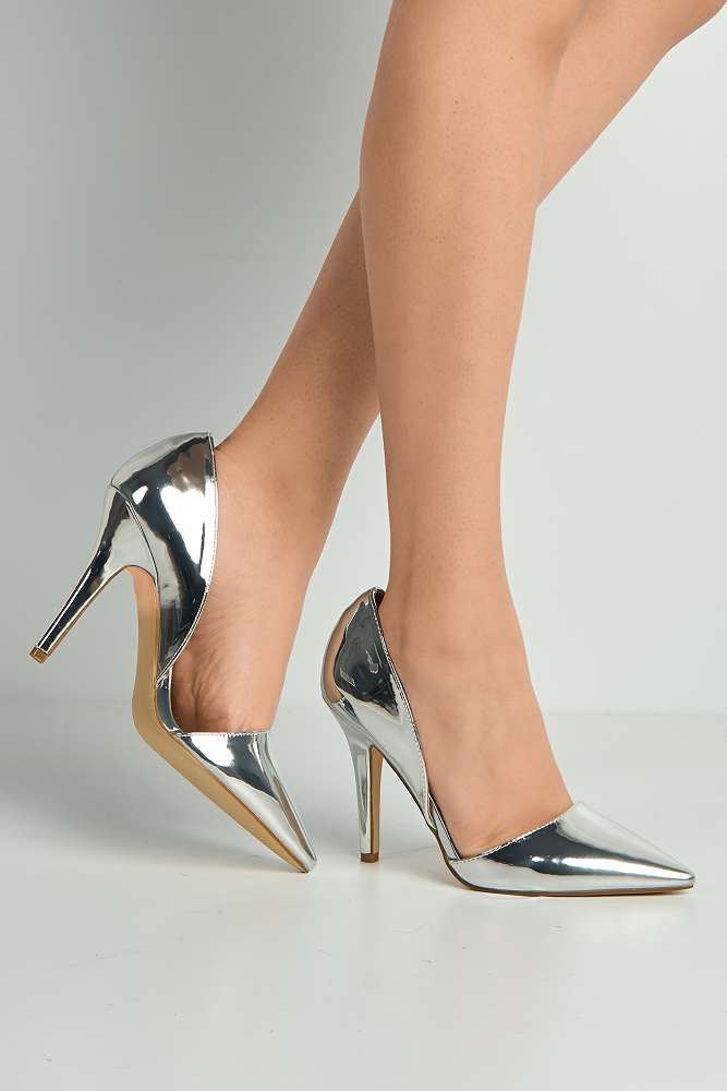 Miss Diva Silver Milaya Cut-out Side Pointed Toe Court Shoes