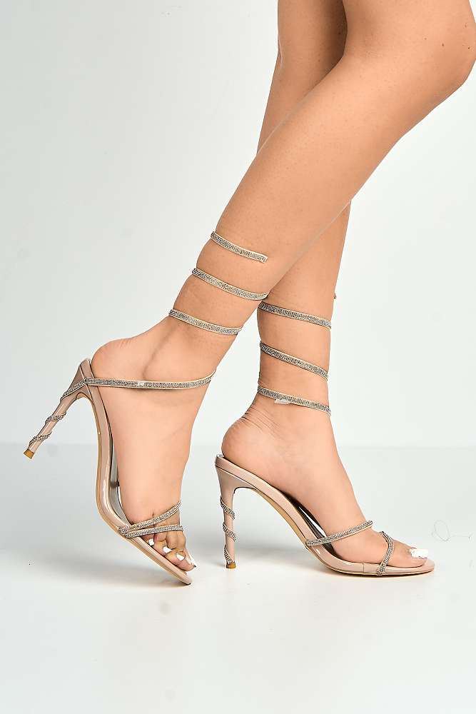 Miss Diva Nude Curly Diamante Embellished Spiral Ankle Strap Sandals