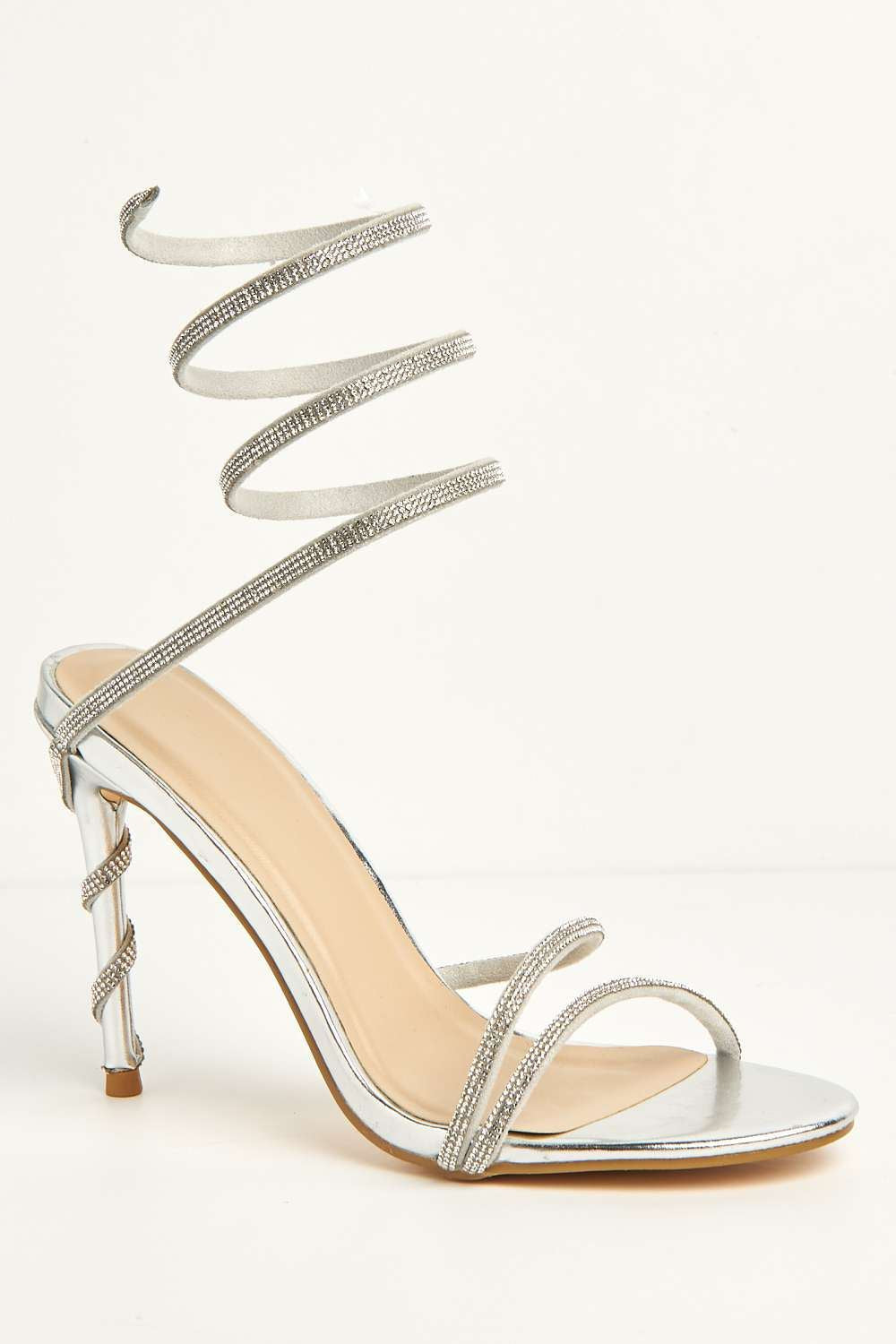 Miss Diva Curly Diamante Embellished Spiral Ankle Strap Sandals in Silver
