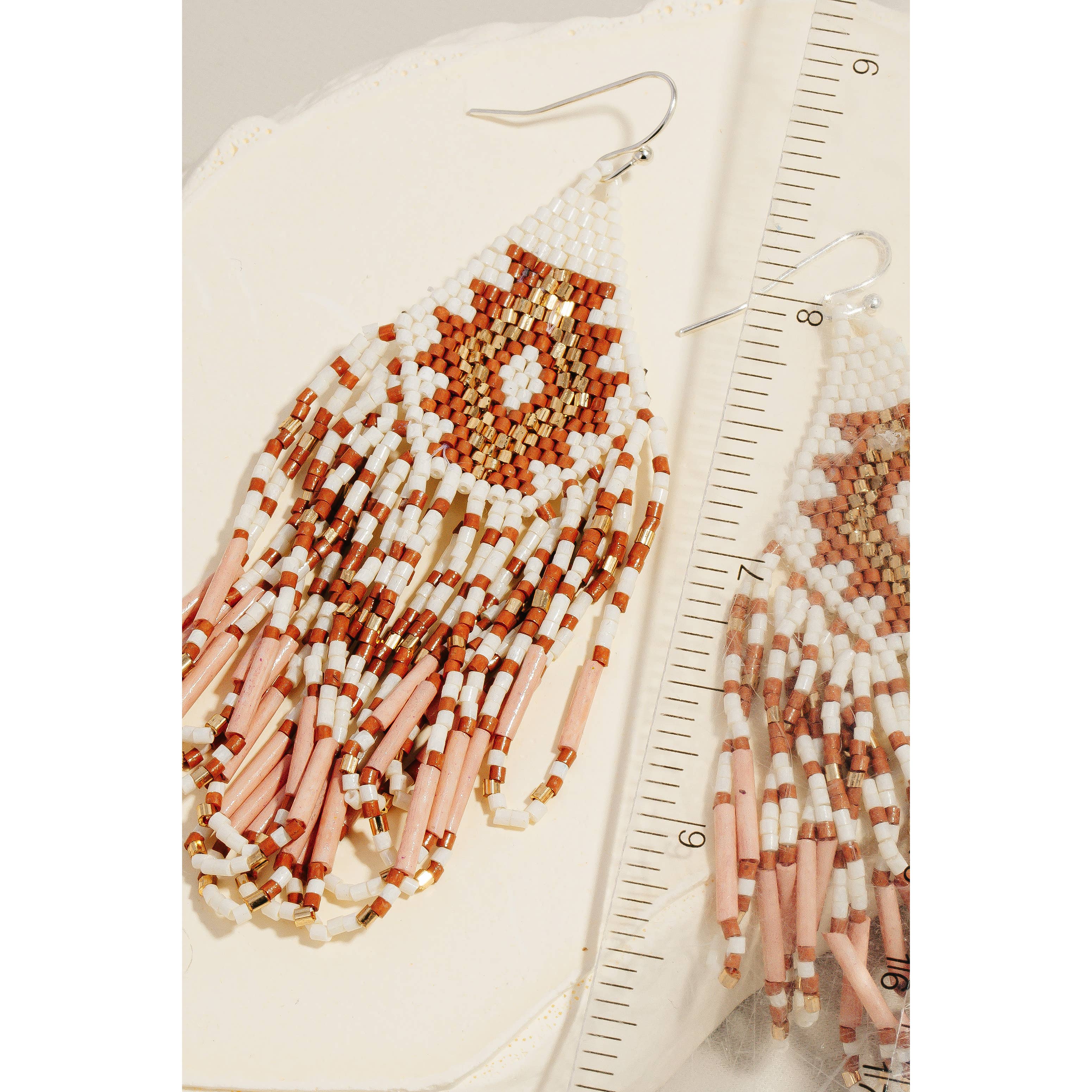 Soul Of Sita Triangular Boho Seed Beaded Fringe Dangle Earrings: Shp