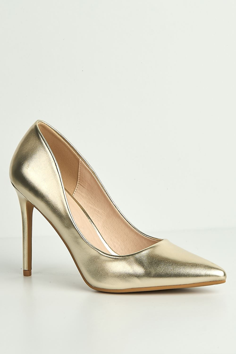 Mila High Stiletto Metallic Heel Court Shoe in Gold