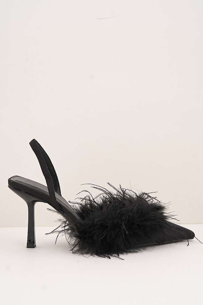 Aisla Pointed Toe Feather Slingback Court Shoes in Black