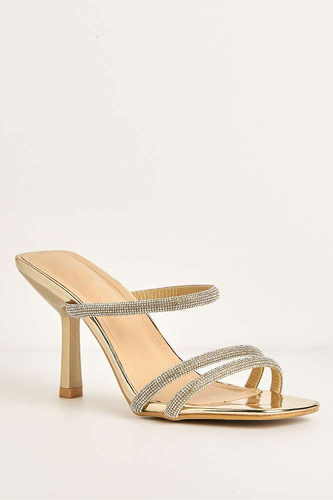 Meiria 3 Diamante Strap High Heel Mules in Gold
