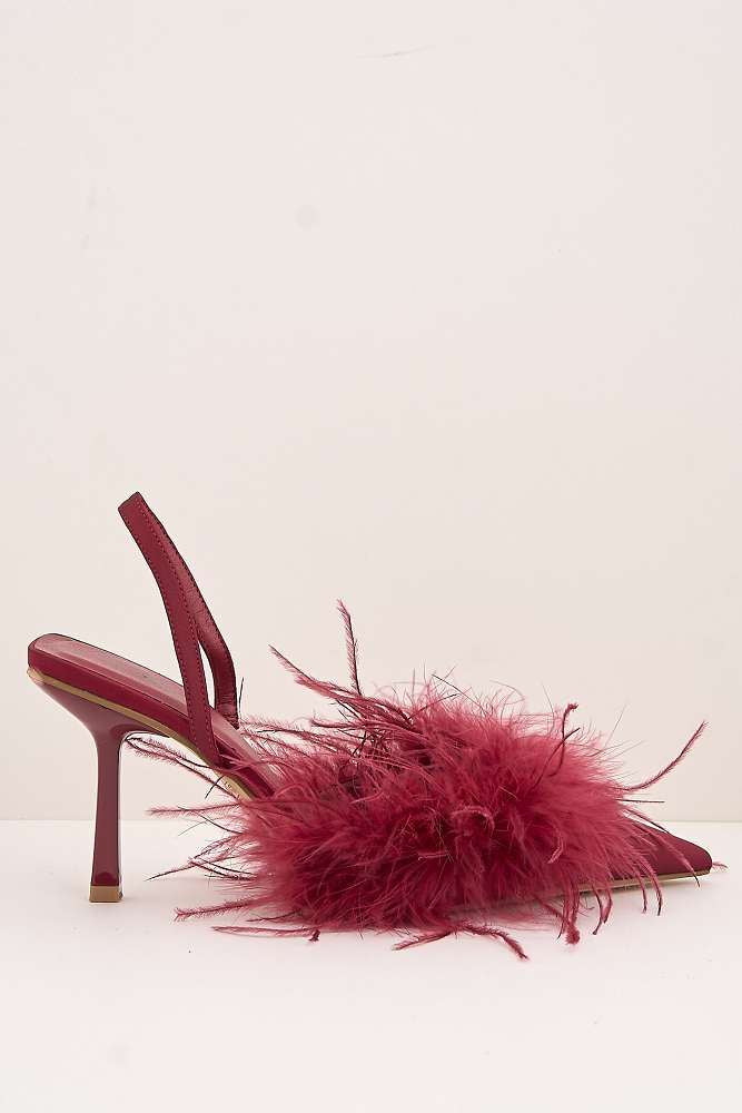 Aisla Pointed Toe Feather Slingback Court Shoes in Red