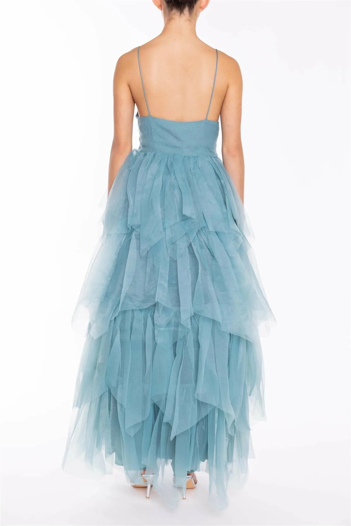 True Decadence Saige Mineral Blue V-neck Tiered Tulle Maxi Dress