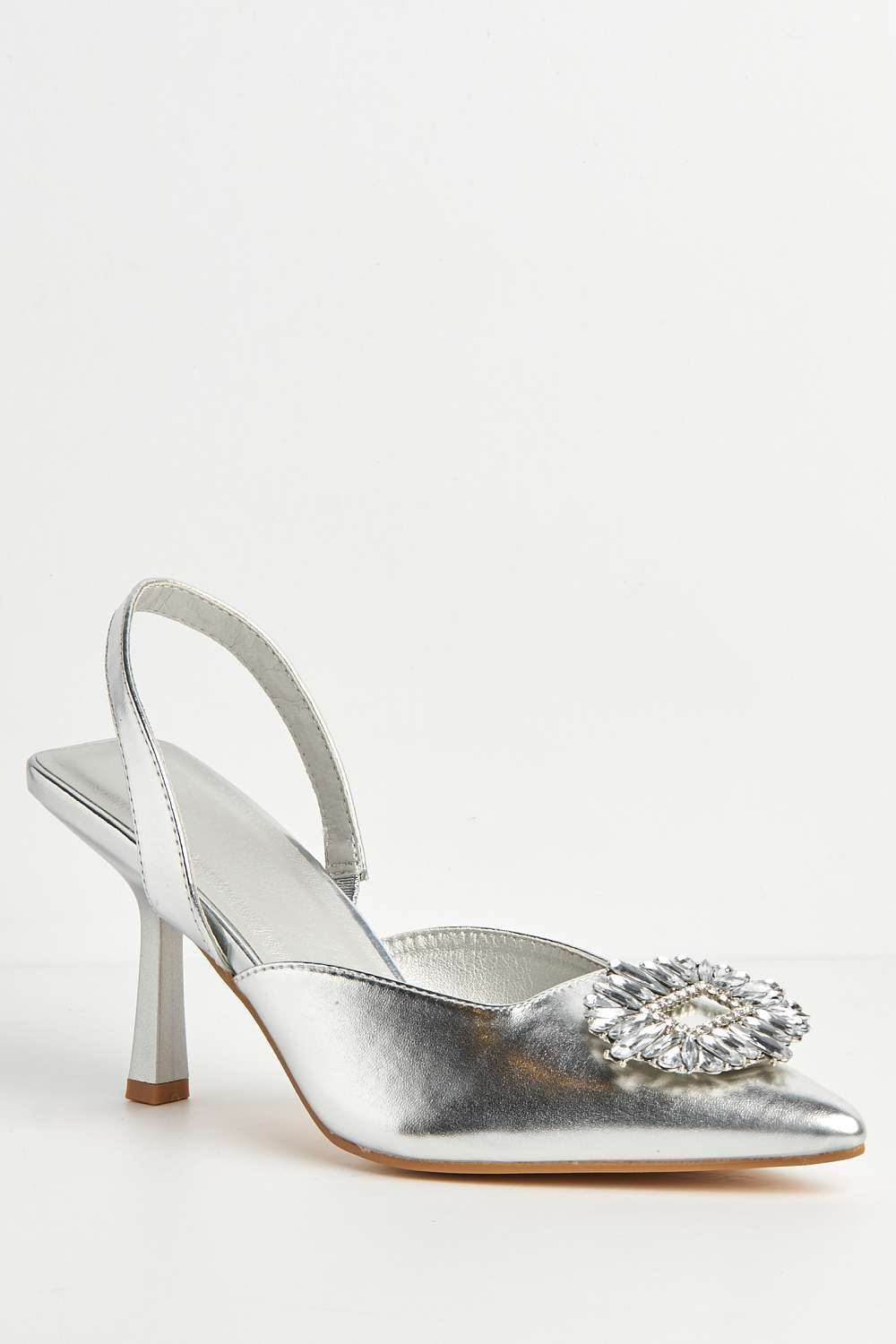 Miss Diva Silver Amira Diamante Court Shoes