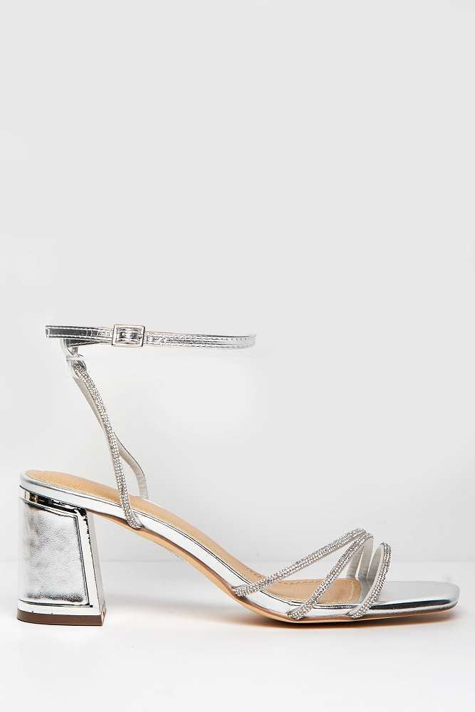 Miss Diva Alyanna Diamante Embellished Metallic Trim Block Heel Sandals in Silver