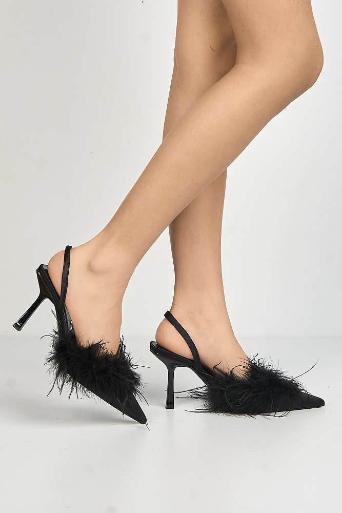 Aisla Pointed Toe Feather Slingback Court Shoes in Black