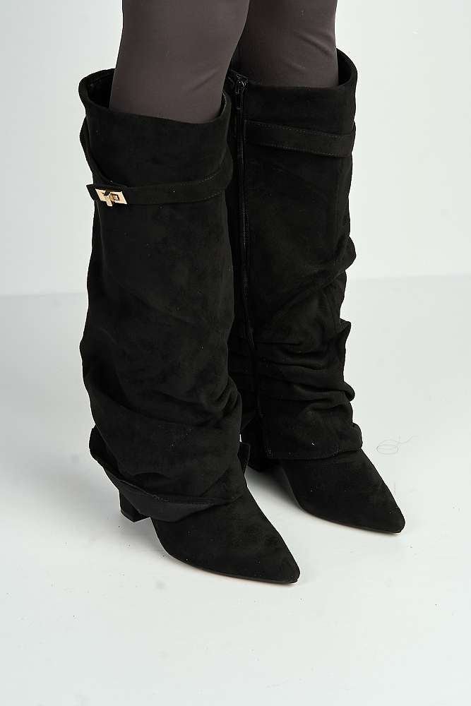 Miss Diva Black Suede Izel Block Heel Boots