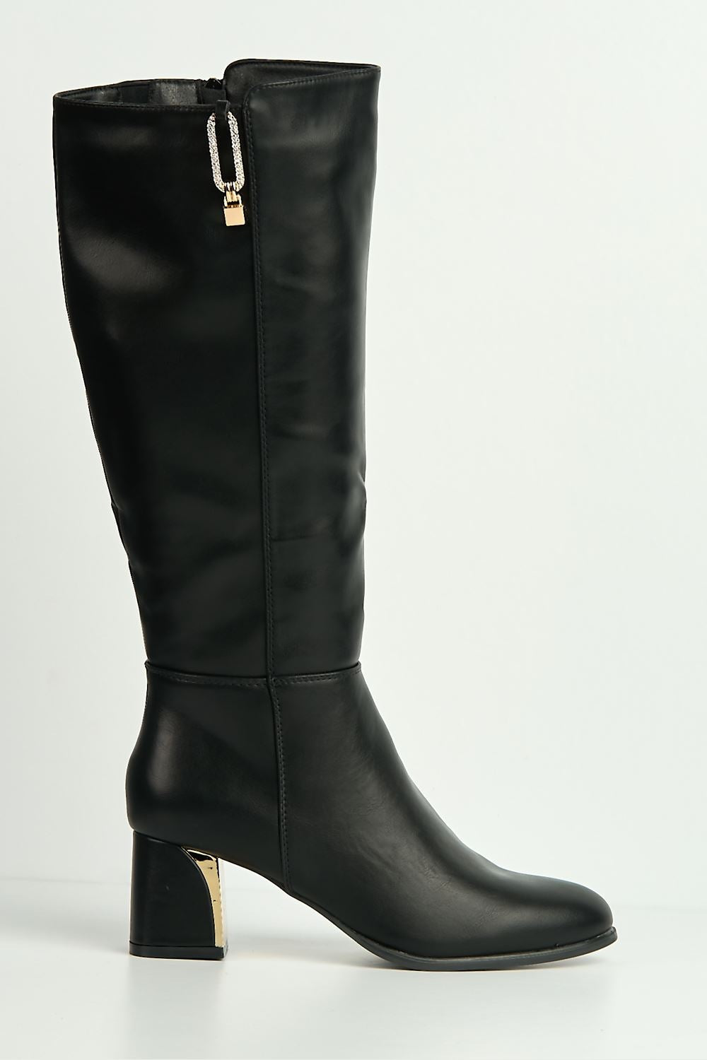Vera Diamante Detail Gold Trim Knee High Boots in Black
