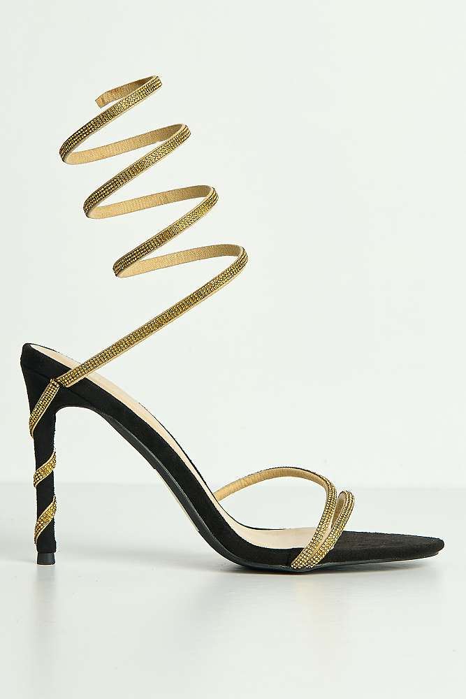Curly Diamante Embellished Spiral Ankle Strap Sandals in Black / Gold