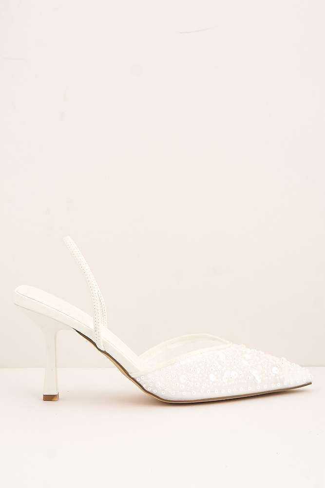 Jasmina Sequin & Bead Embellished Mesh Slingback Court Shoes in White