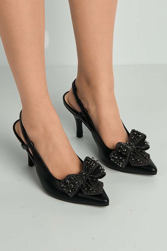 Celia Diamante Bow Pointed Toe Slingback Court Shoes in Black