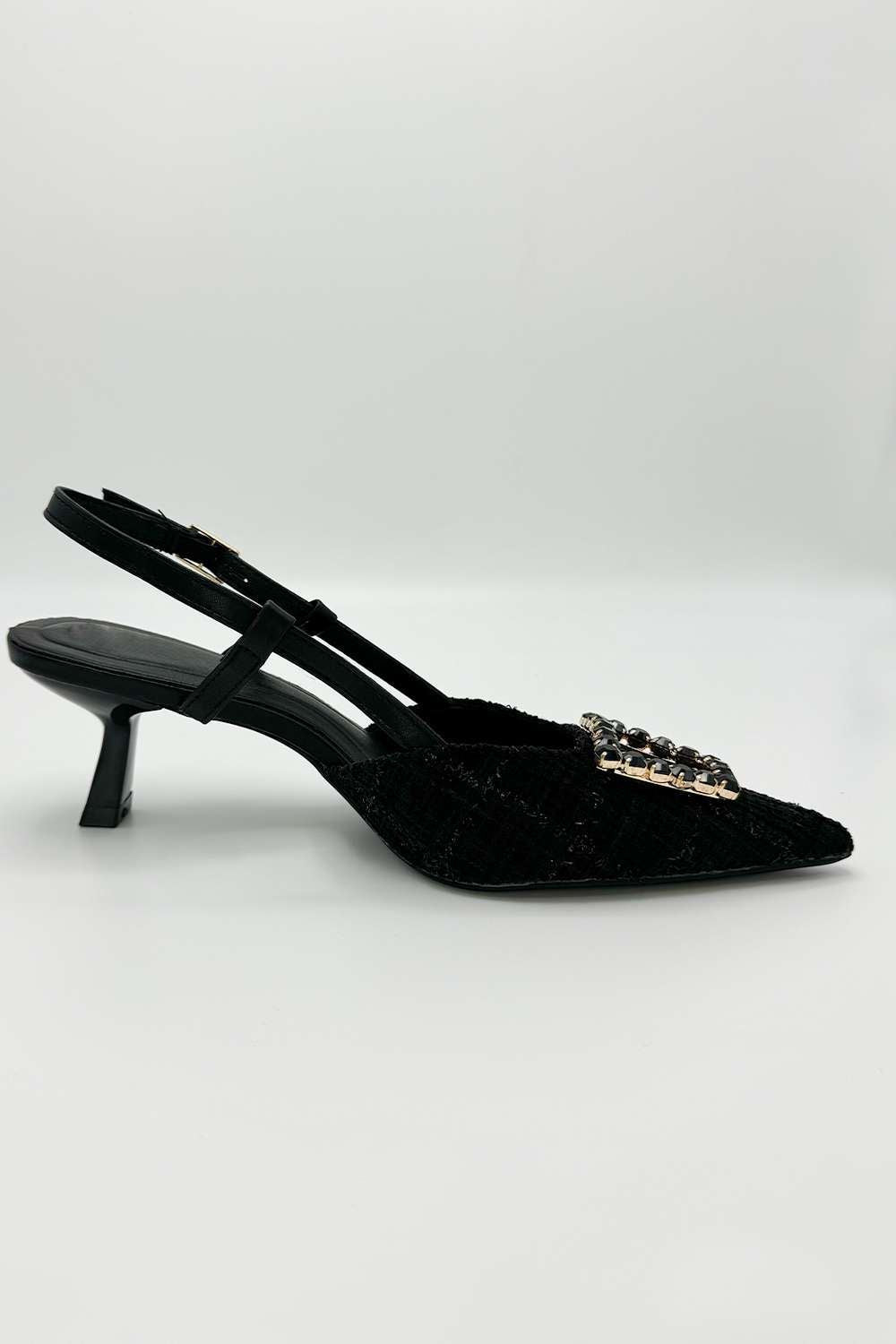 Miss Diva Black Clarrine Diamante Brooch Detail Pointed Toe Court Shoes
