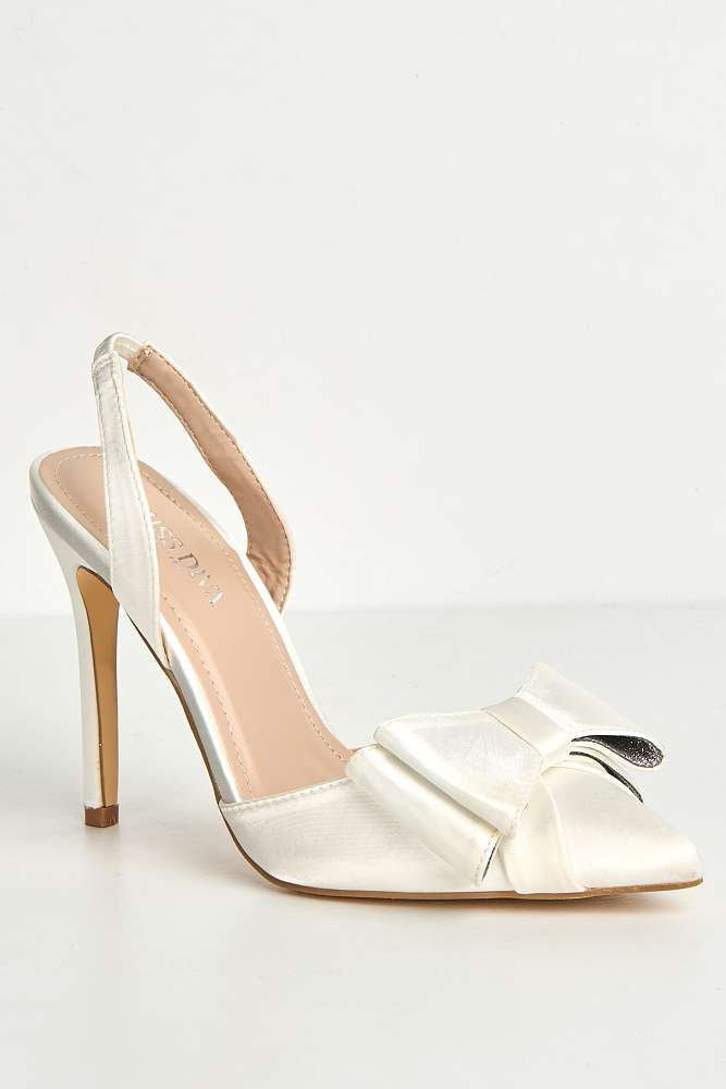 Salwa Pointy Toe Bow Slingback Court Shoes in White Satin