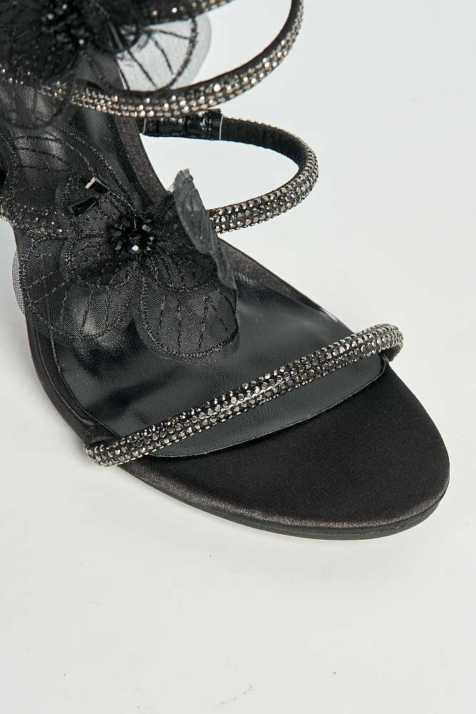 Miss Diva Black Loreli Flower Detail Diamante Heeled Sandals