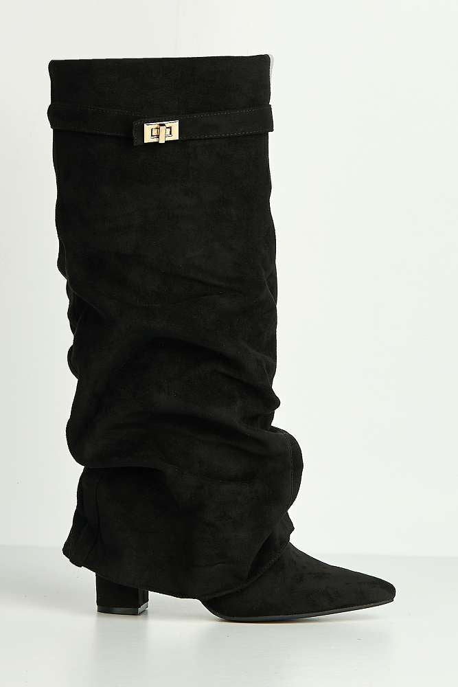 Miss Diva Black Suede Izel Block Heel Boots
