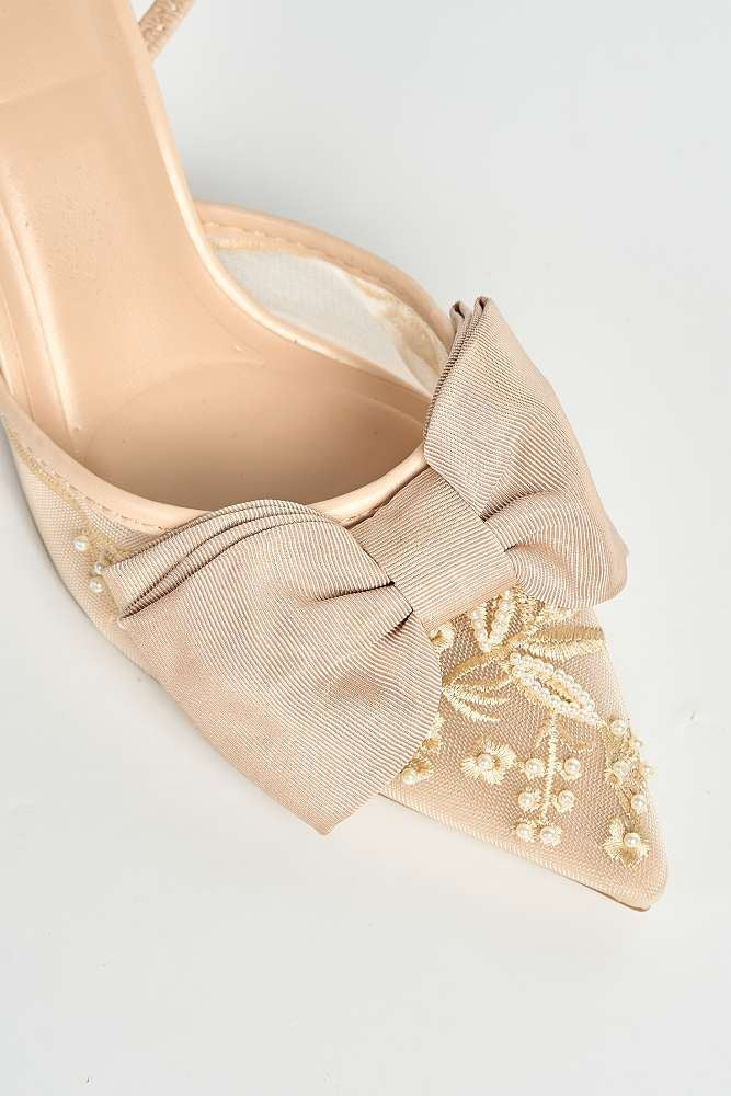 Seren Embellished Mesh and Bow Slingback Court Shoes in Beige