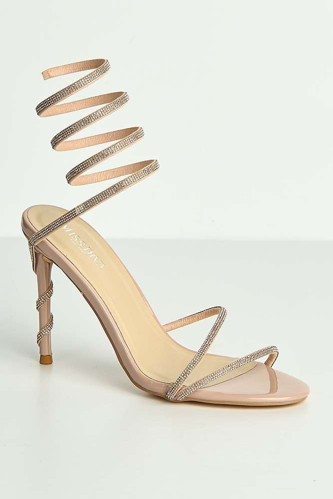 Miss Diva Nude Curly Diamante Embellished Spiral Ankle Strap Sandals