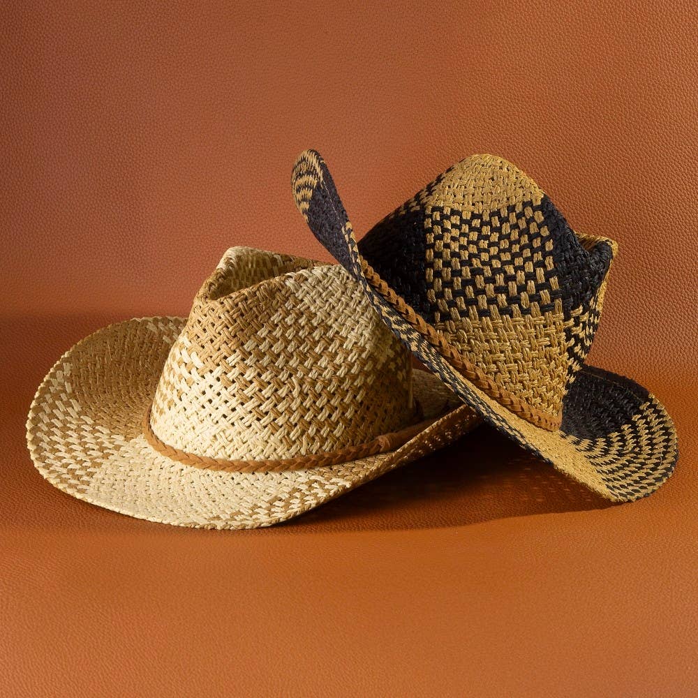 Soul Of Sita Two Tone Straw Braided Patches Cowboy Hat: Ka