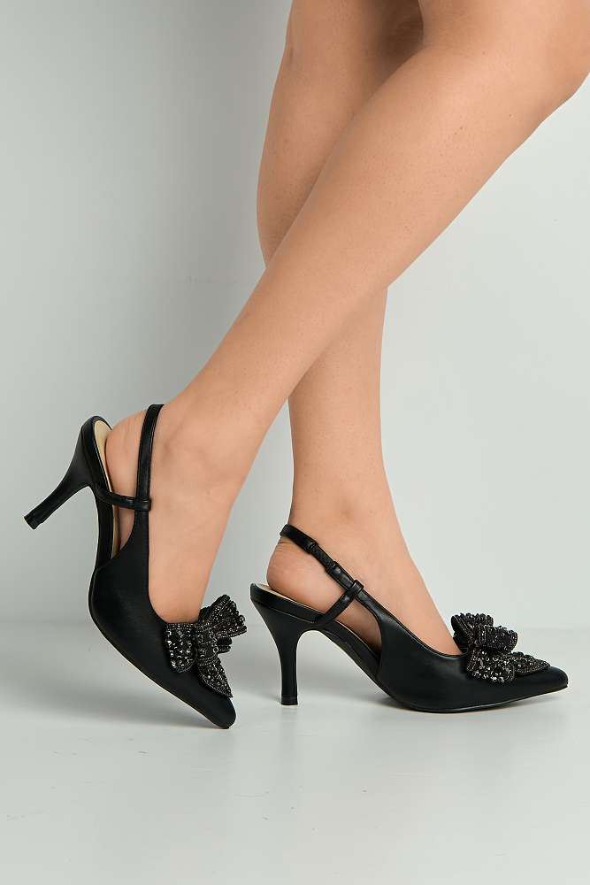 Celia Diamante Bow Pointed Toe Slingback Court Shoes in Black