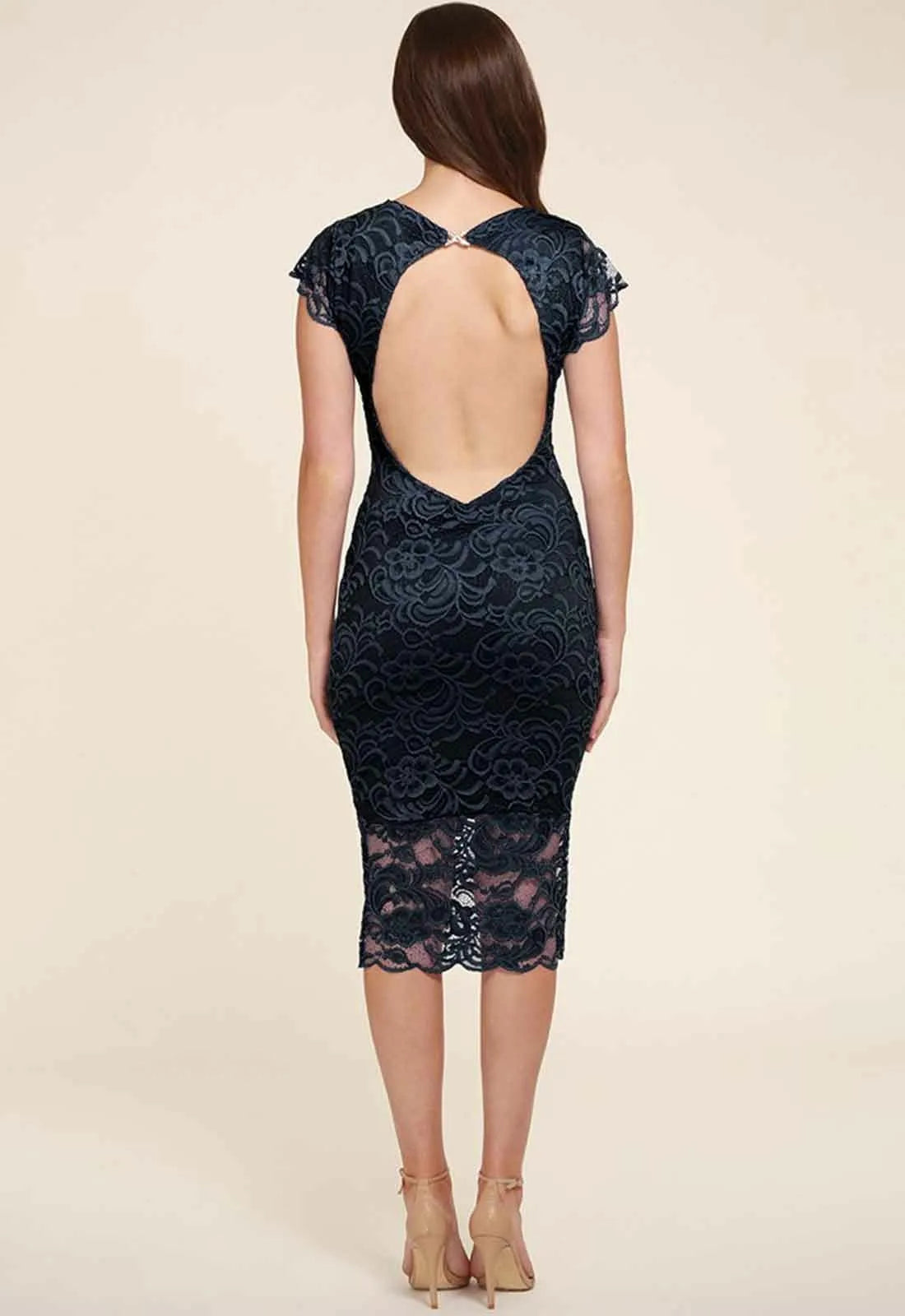 Honor Gold Faye Backless Lace Midi Dress in Navy-19556