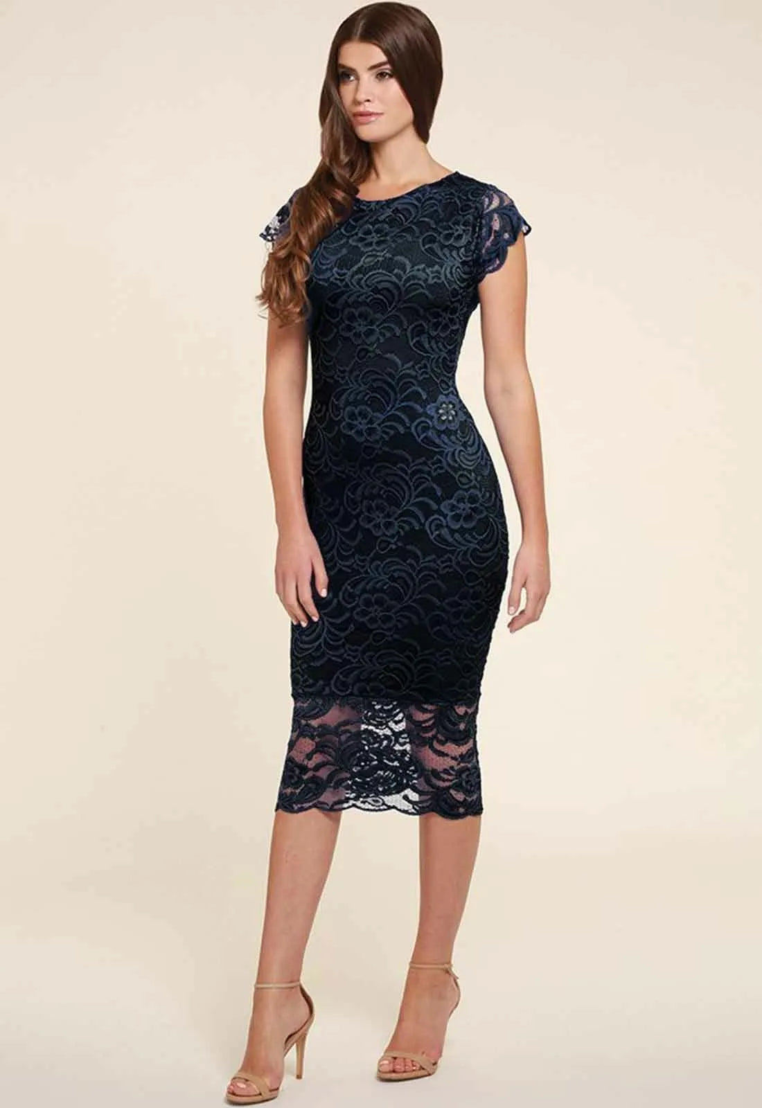 Honor Gold Faye Backless Lace Midi Dress in Navy-19555