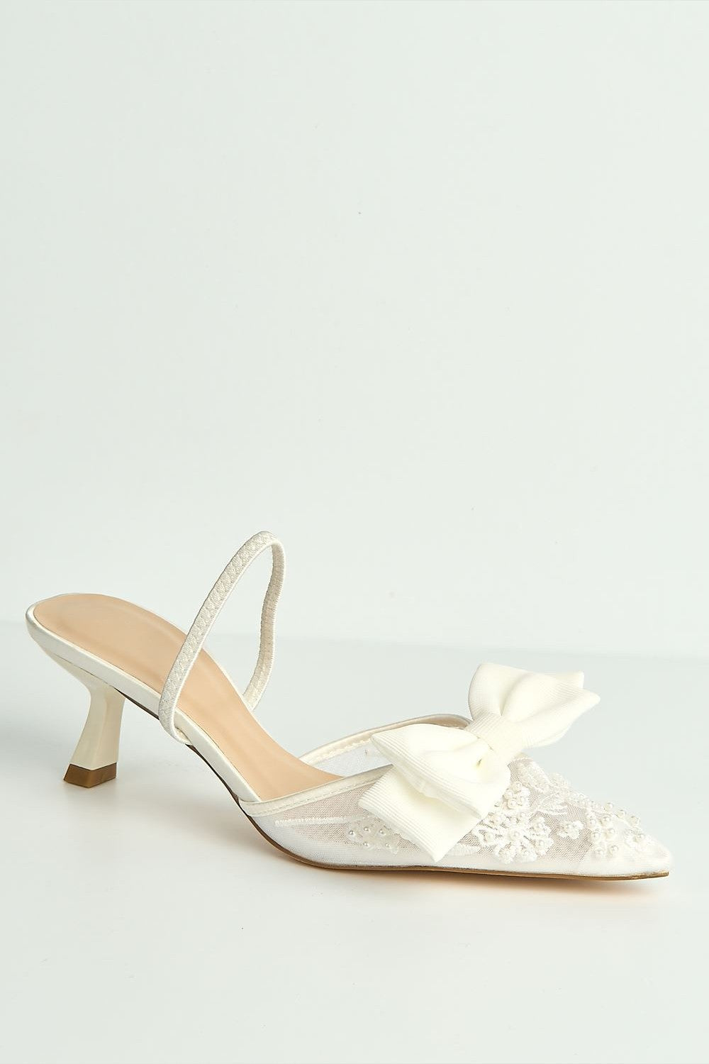 Seren Embellished Mesh and Bow Slingback Court Shoes in Ivory
