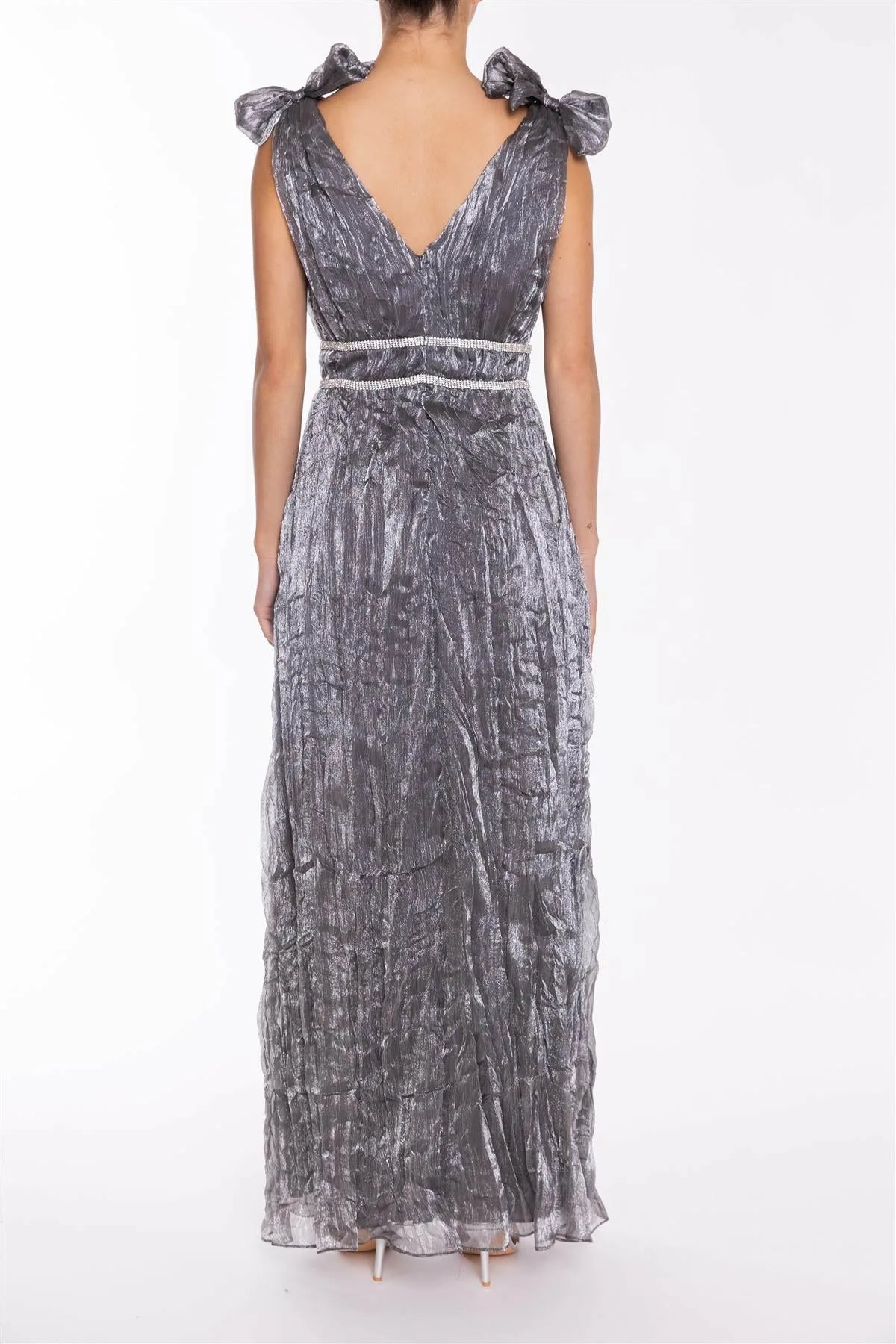 True Decadence Leia Petrol Crinkle Organza Bow Shoulder Maxi Dress