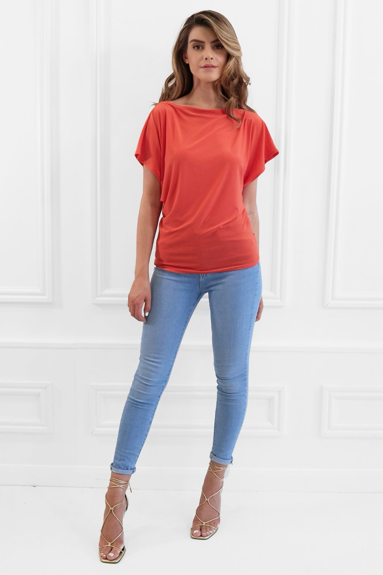 Honor Gold Finley Orange Batwing Top With Slashed Neckline