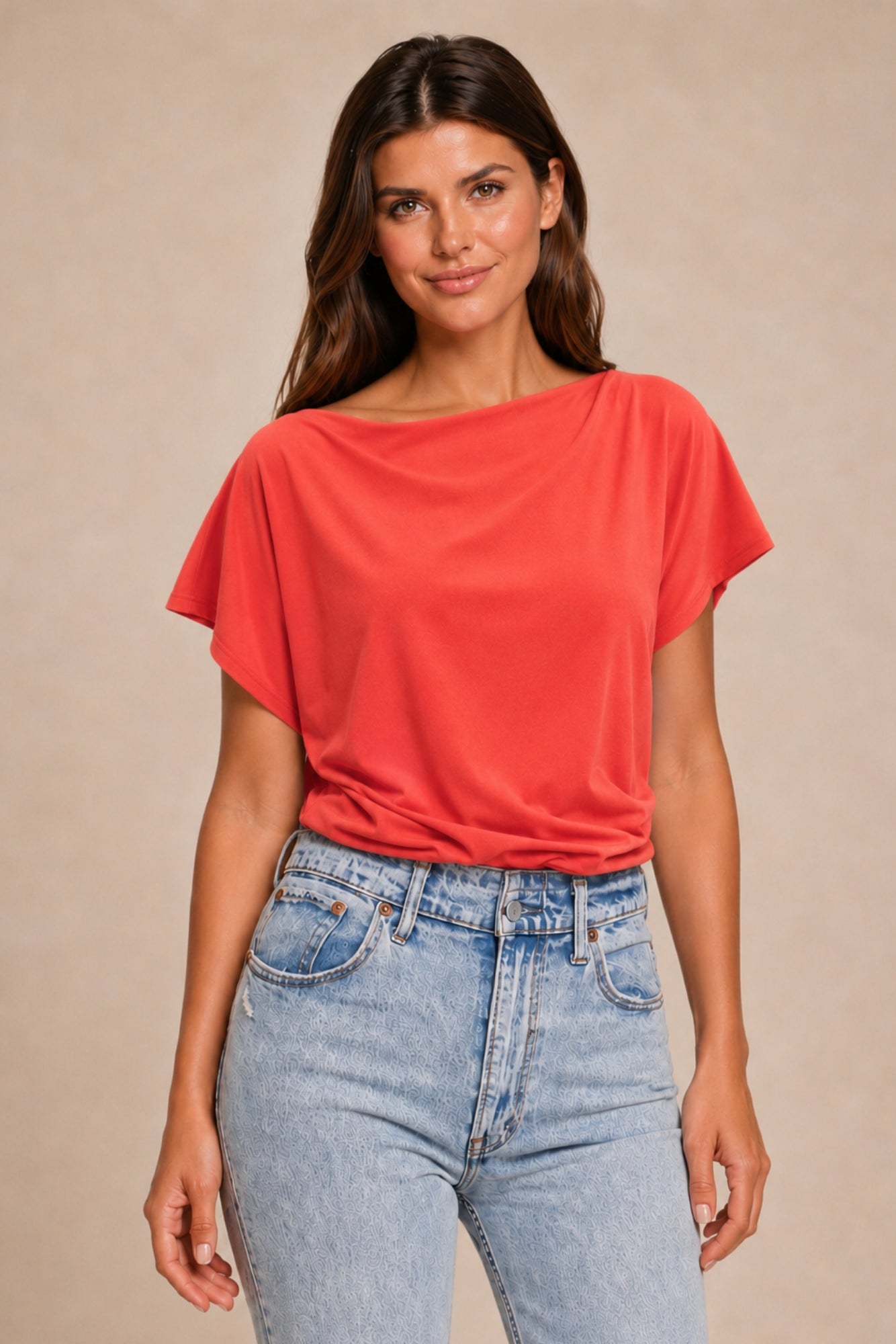 Honor Gold Finley Orange Batwing Top With Slashed Neckline