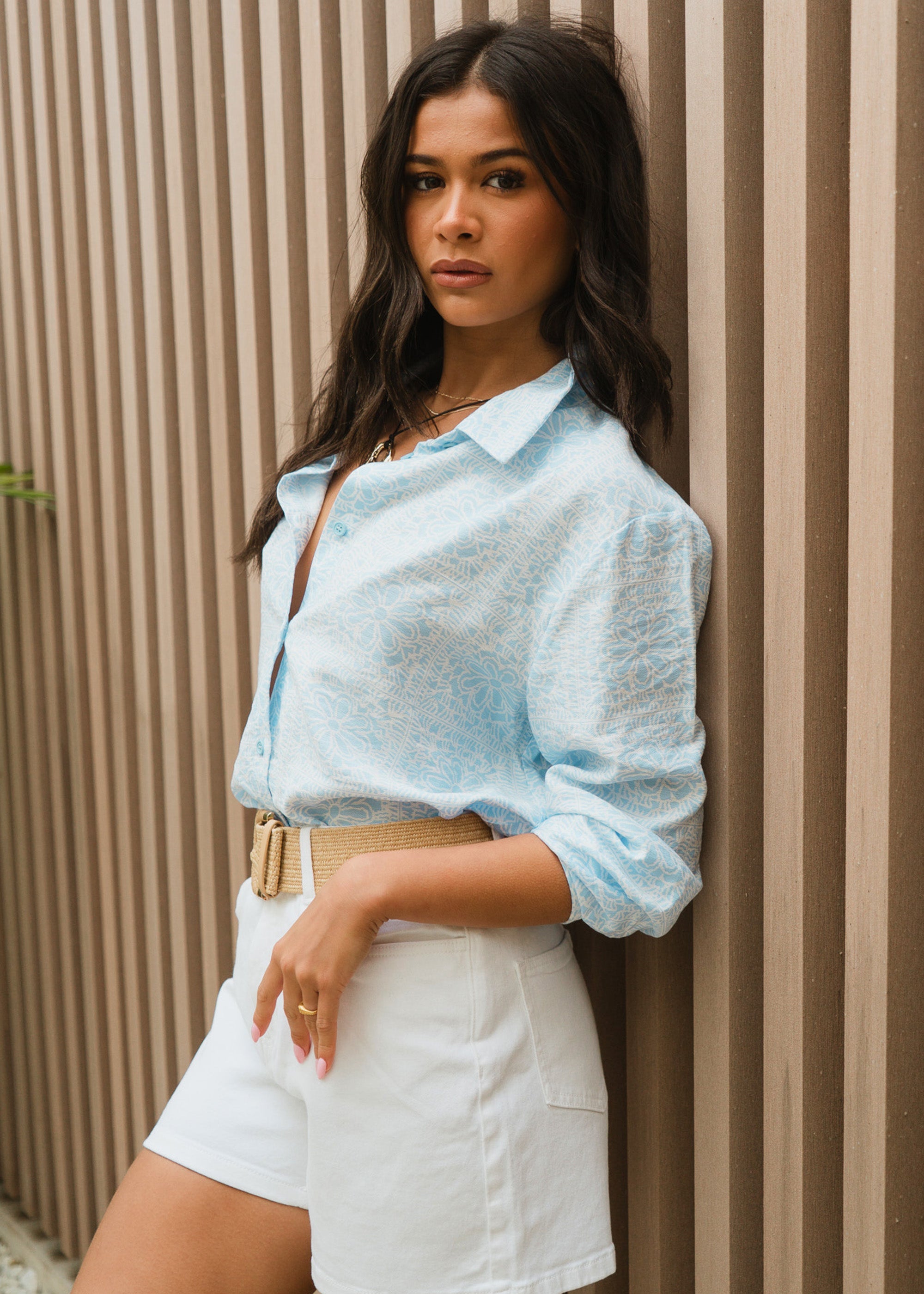Gini London Cotton Mix Blue Tile Print Button-Through Shirt