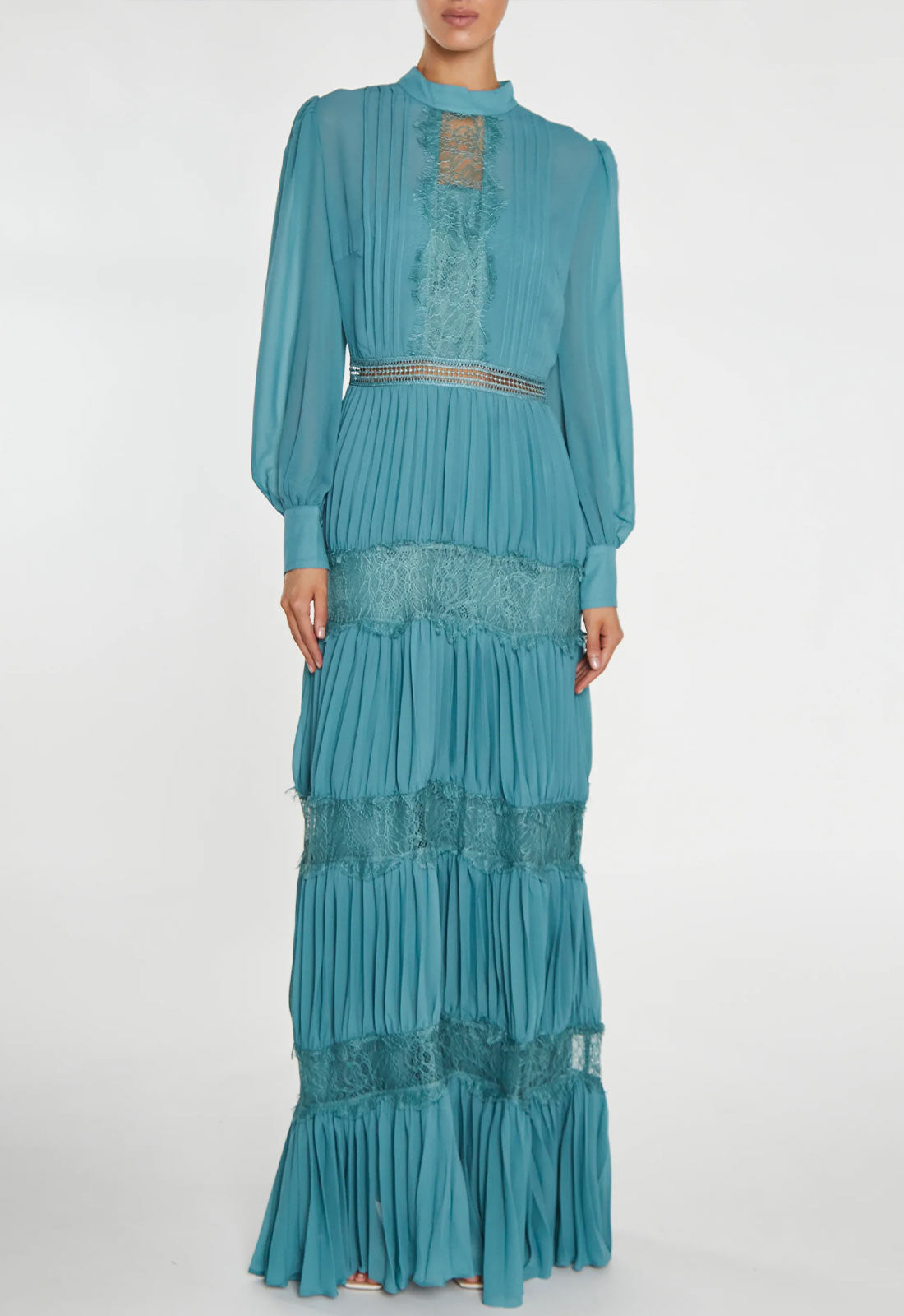 True Decadence Holly Mineral Blue High-Neck Pleated Maxi Dress