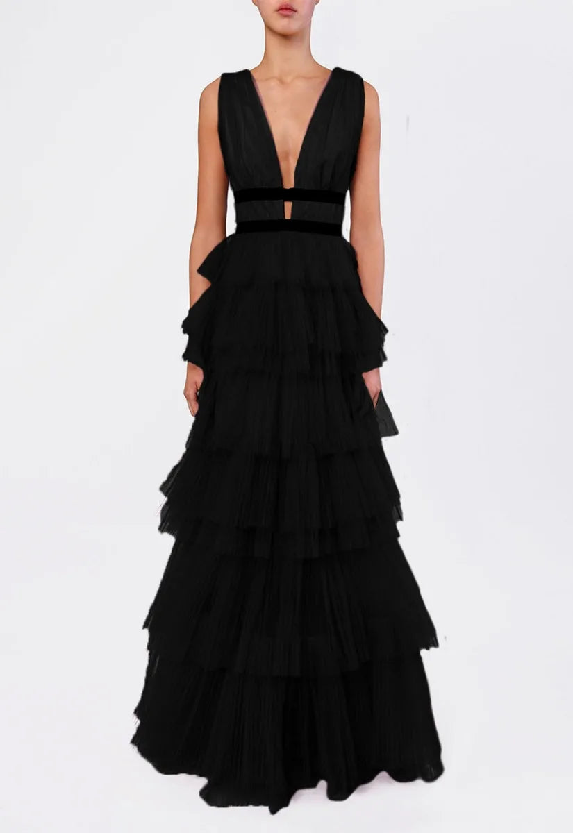 True Decadence Black Layered Tulle Maxi Dress