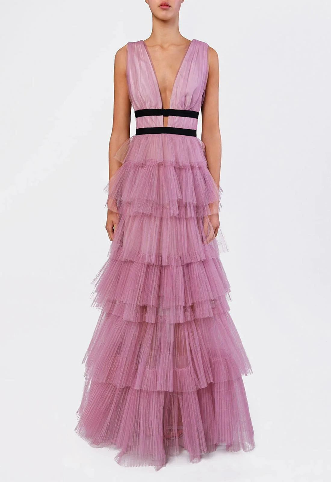 True Decadence Dark Pink Layered Tulle Maxi Dress-0