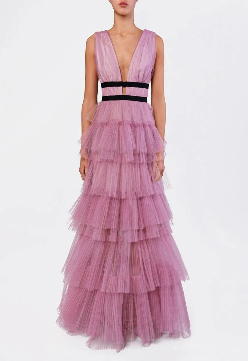 True Decadence Dark Pink Layered Tulle Maxi Dress