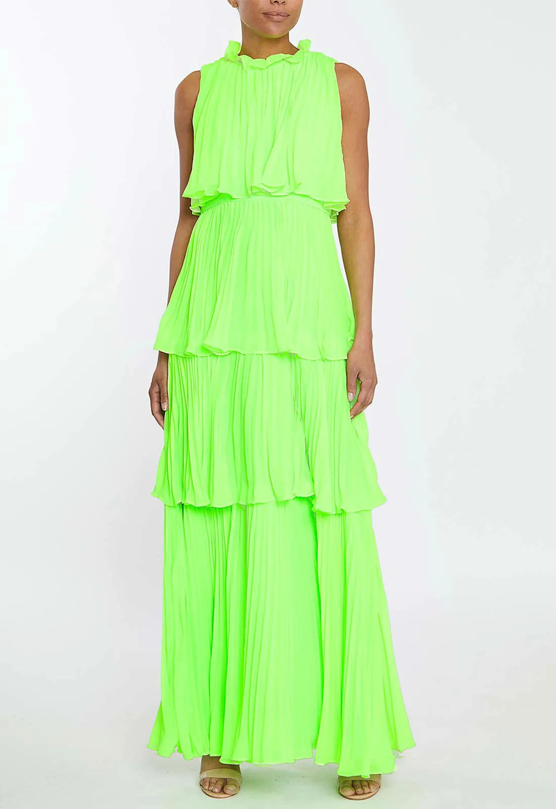 True Decadence Neon Green Tiered Pleated Maxi Dress-0