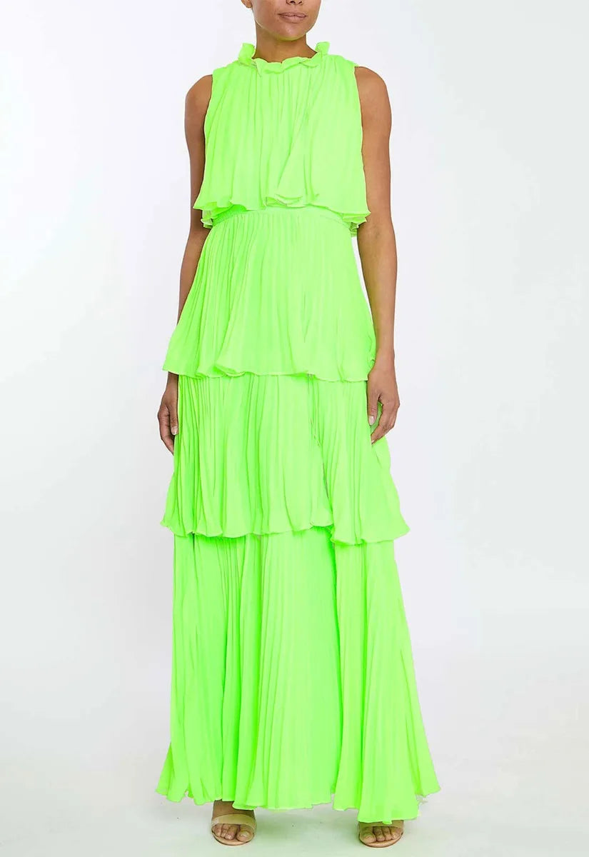 True Decadence Neon Green Tiered Pleated Maxi Dress