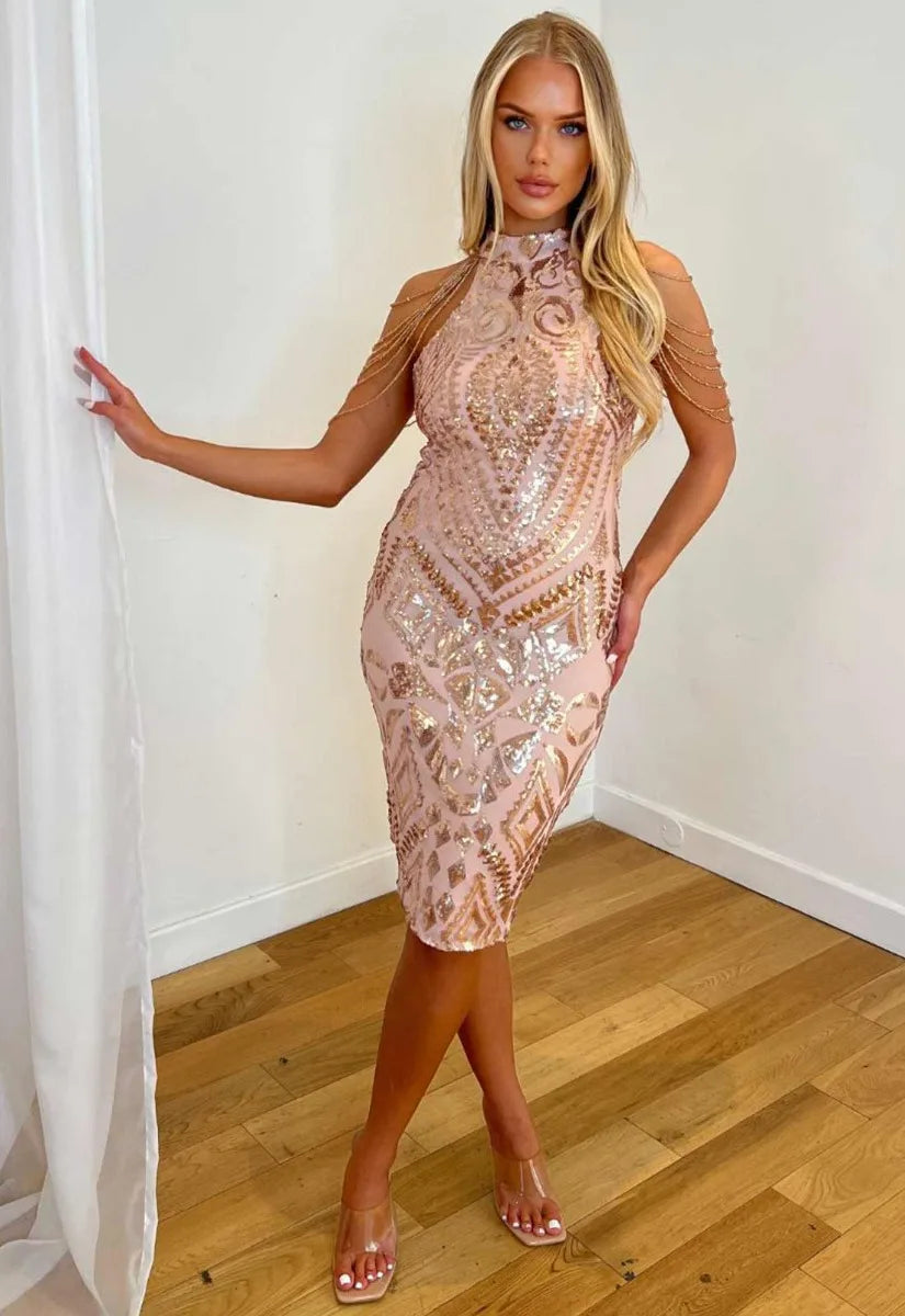 Nazz Collection Rose Gold Mystery Sequin Party Dress