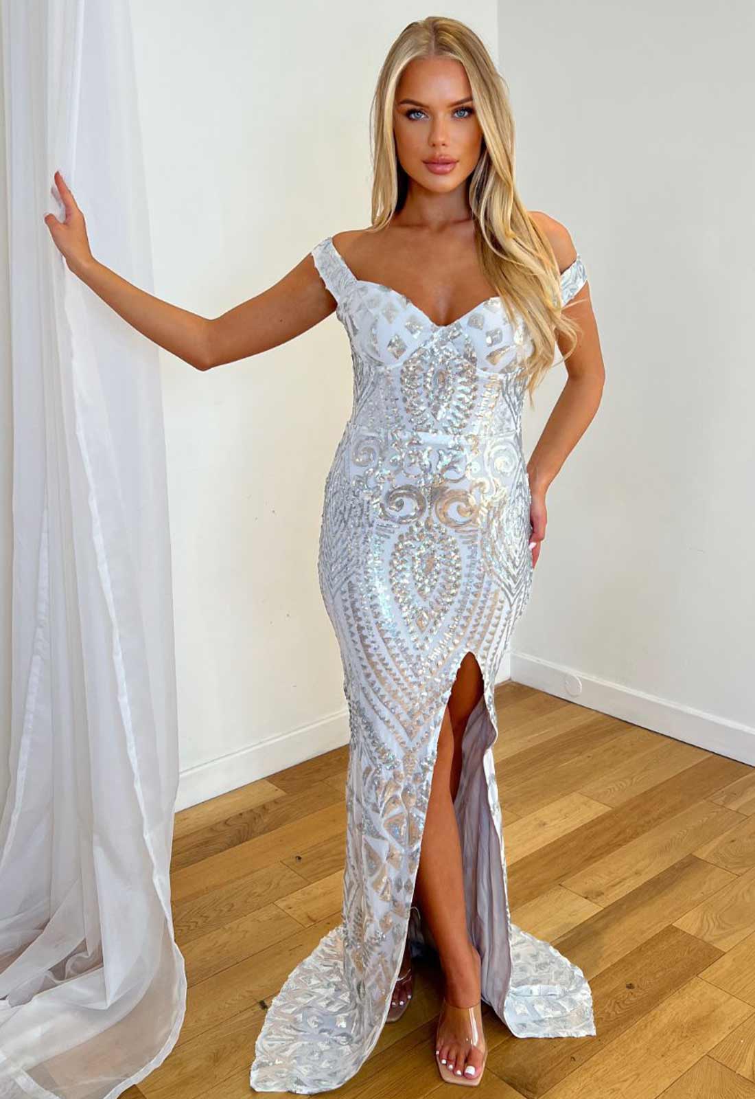 Nazz Collection Silver Angelika Fishtail Bardot Gown