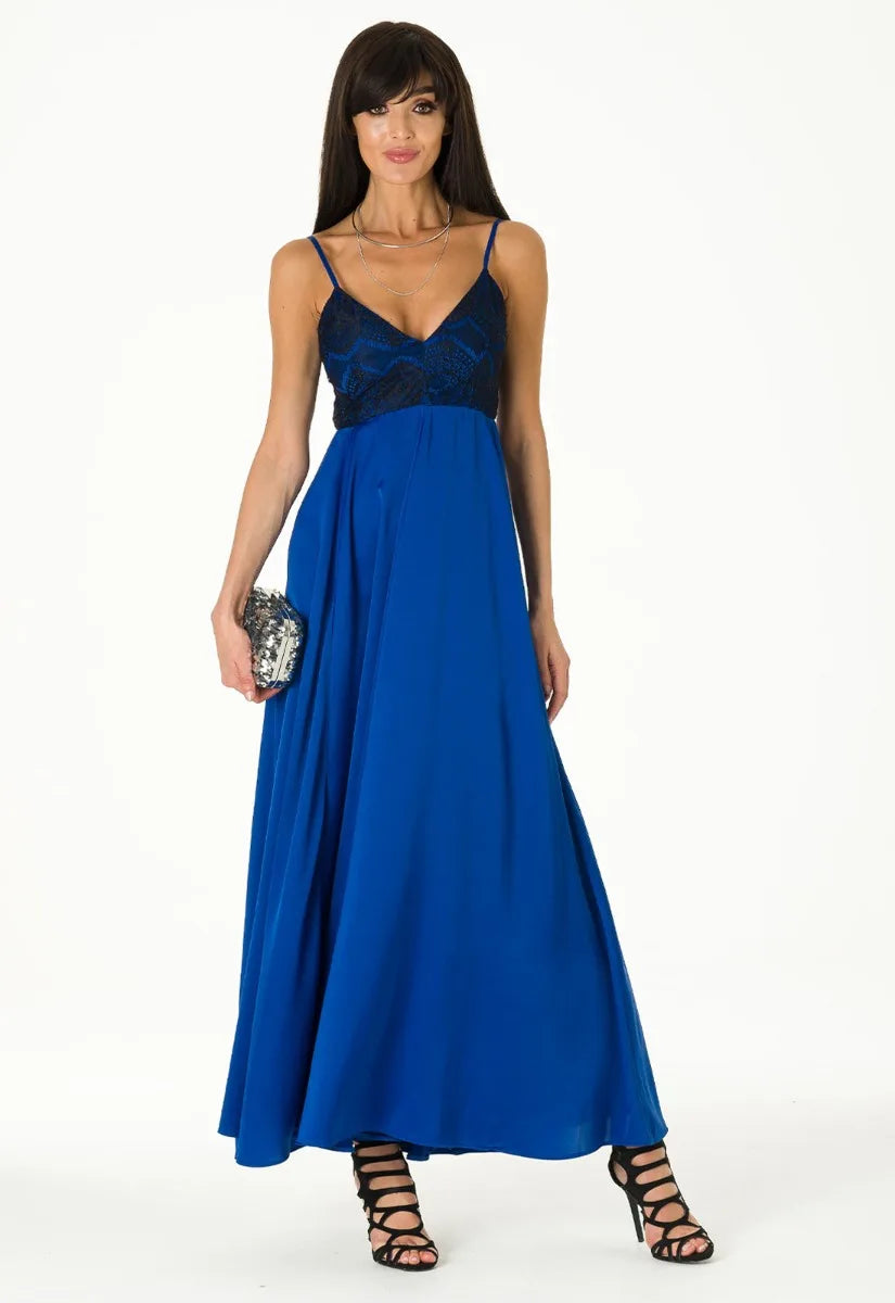 Lady Flare Blue Satin Maxi Dress